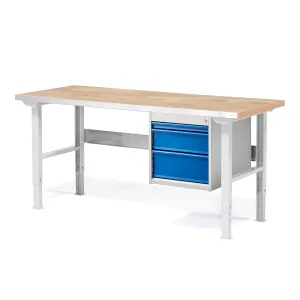 Dílenský stůl SOLID, 1500x800 mm, nosnost 750 kg, 3 zásuvky, dubový povrch