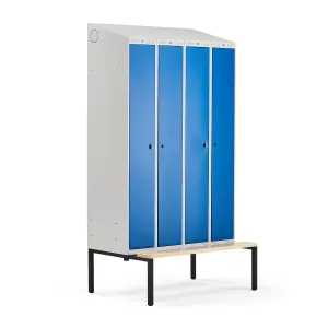 Šatní skříňka CLASSIC COMBO, 2 sekce, 4 boxy, 2290x1200x550 mm, lavice, modré dveře