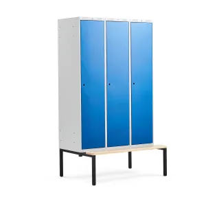 Šatní skříňka CLASSIC, s lavicí, 3 sekce, 2120x1200x550 mm, modré dveře