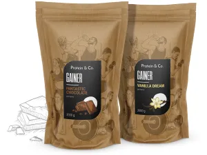 Protein & Co. Gainer 4 kg (2 × 2 kg) za zvýhodněnou cenu Vyber si z těchto lahodných příchutí: Chocolate Hazelnut, Vyber si z těchto lahodných příchutí: Chocolate hazelnut
