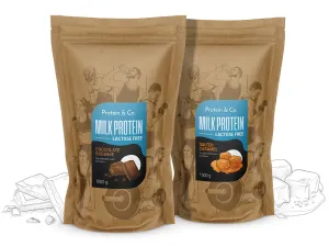 Protein & Co. MILK PROTEIN – bezlaktózový protein 1 kg + 1 kg za zvýhodněnou cenu Vyber si z těchto lahodných příchutí: Chocolate brownie, Vyber si z těchto lahodných příchutí: Salted caramel