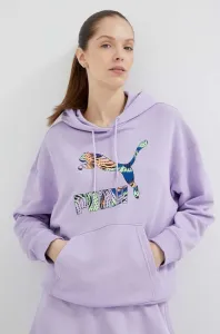 Mikina Puma dámská, fialová barva, s kapucí, s potiskem