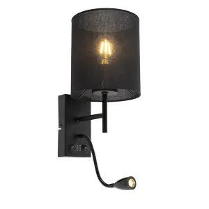 Moderní nástěnná lampa černá s bavlněným stínením - Stacca