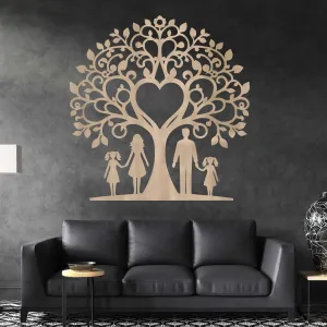Rodinný strom ze dřeva na zeď - maminka, tatínek a dvě dcery