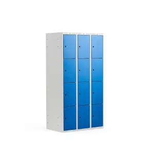 Boxová šatní skříň CLASSIC, 3 sekce, 12 boxů, 1740x900x550 mm, šedá, modré dveře