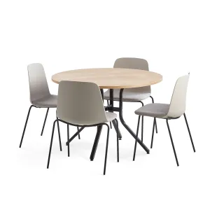 Sestava VARIOUS + LANGFORD, stůl Ø1100x740 mm, dub + 4 židle, šedá