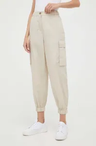 Bavlněné kalhoty Sisley béžová barva, kapsáče, high waist