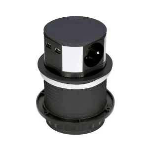 Solight výsuvný blok zásuvek, 3 zásuvky, 2x USB, kruhový tvar nízký, prodlužovací přívod 1,5m, 3 x 1mm2, černý