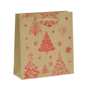 Dárková taška z papíru - hnědá - červená barva, vánoční motiv, šňůrky