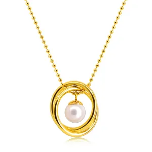 Náhrdelník z oceli ve zlaté barvě - kuličkový řetízek, dva zkřížené kruhy, perleťová kulička