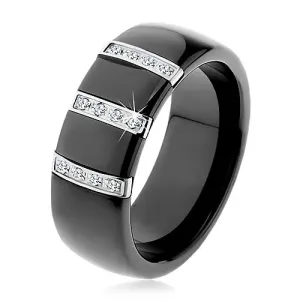 Černý keramický prsten s hladkým povrchem, tři ocelové pásy se zirkony - Velikost: 60