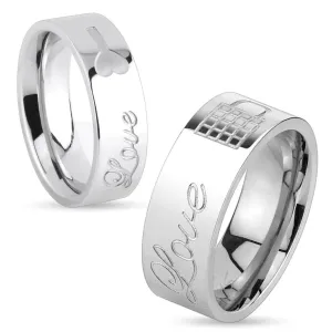 Lesklý ocelový prsten stříbrné barvy, nápis Love a zamknutý zámeček, 8 mm - Velikost: 62