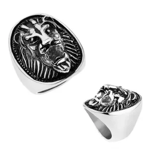 Masivní ocelový prsten stříbrné barvy, vypouklá hlava lva s patinou - Velikost: 69
