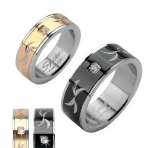 Ocelový prsten - gravírovaný snubní prsten se zirkonem - Velikost: 68