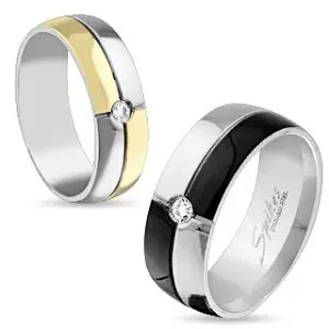 Ocelový prsten stříbrné a černé barvy, zirkon uprostřed, 8 mm - Velikost: 65