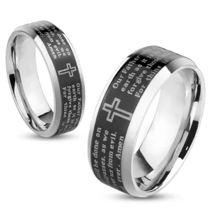 Ocelový prsten stříbrné barvy, černý pásek - modlitba Otčenáš, 8 mm - Velikost: 58