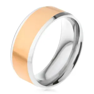 Ocelový prsten, zlatý středový pás, stříbrné šikmé okraje - Velikost: 64