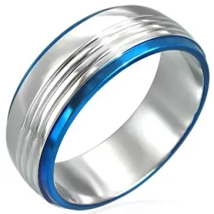 Prsten z chirurgické oceli se dvěma modrými pruhy - Velikost: 67