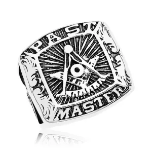 Prsten z chirurgické oceli, symboly svobodných zednářů a nápis, černá patina - Velikost: 68