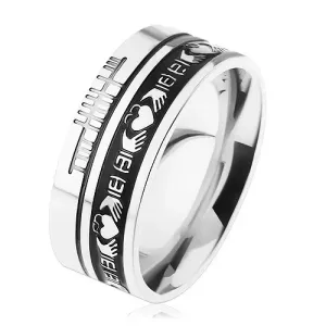 Prsten z oceli 316L, stříbrná barva, černý pruh, ornamenty, 8 mm - Velikost: 54