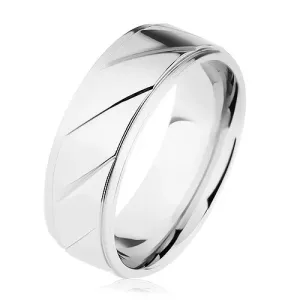 Prsten z oceli 316L, vyvýšený pás zdobený šikmými zářezy, stříbrná barva - Velikost: 54