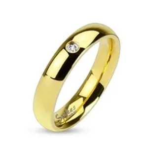 Prsten z oceli 316L zlaté barvy, čirý zirkonek, lesklý hladký povrch, 4 mm - Velikost: 50