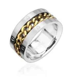 Prsten z oceli s pozlaceným řetězem - Velikost: 58