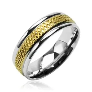Snubní prsten z chirurgické oceli se středovým zlatým kosočtvercovým pruhem - Velikost: 69
