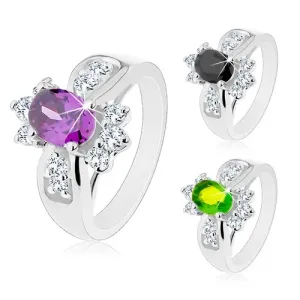 Lesklý prsten s rozšířenými rameny, barevný oválný zirkon, kulaté čiré zirkonky - Velikost: 52, Barva: Zelená