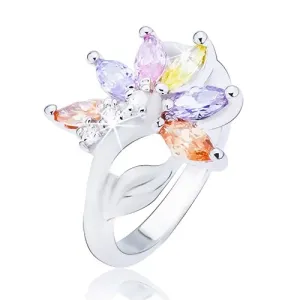 Lesklý stříbrný prsten, květ s barevnými zirkonovými lupeny - Velikost: 51
