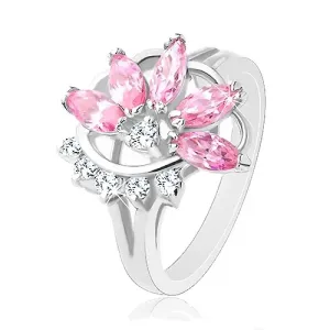 Prsten s lesklými rozdělenými rameny, růžovo-čirý poloviční květ - Velikost: 50