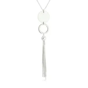 Lesklý stříbrný náhrdelník 925 - plochý kruh a kontura kroužku, kulička s visícími řetízky