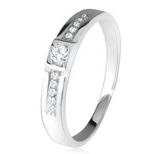 Lesklý prsten, dvě rovné linie, čiré kamínky, stříbro 925 - Velikost: 57