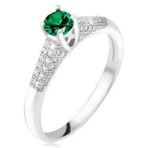 Prsten se zeleným zirkonem v kotlíku, čiré kamínky, stříbro 925 - Velikost: 51