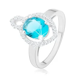 Prsten, stříbro 925, oválný světle modrý zirkon s čirým lemem, obrys zrnka - Velikost: 49