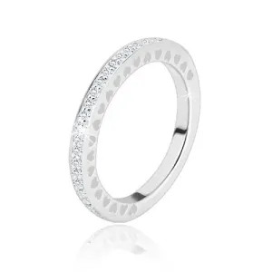 Prsten ze stříbra 925 - čiré blýskavé zirkonky, drobné srdíčkové výřezy - Velikost: 51
