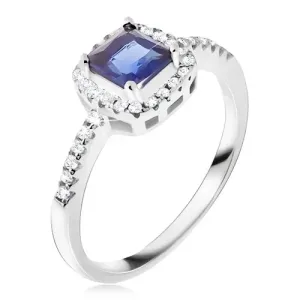 Prsten ze stříbra 925, modrý čtvercový kamínek, zirkonový lem - Velikost: 50