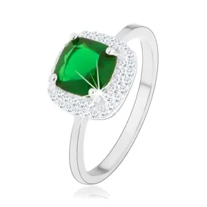 Prsten ze stříbra 925, zelený broušený zirkon - čtverec, třpytivý lem - Velikost: 46