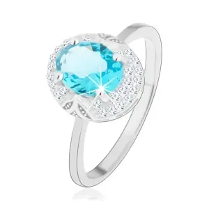 Rhodiovaný prsten, stříbro 925, světle modrý zirkonový ovál, výřezy - Velikost: 54