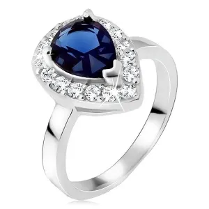 Stříbrný prsten 925, modrý slzičkovitý kámen se zirkonovým lemem - Velikost: 49