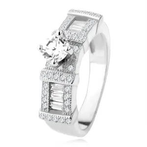 Stříbrný zásnubní prsten 925, zirkonové obdélníky, kulatý kamínek - Velikost: 48
