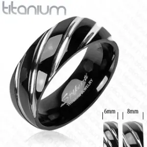 Titanový prsten černé barvy - úzké šikmé zářezy ve stříbrném odstínu - Velikost: 57