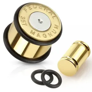 Ocelový plug do ucha, zlato-stříbrná nábojnice Magnum - Tloušťka : 6 mm