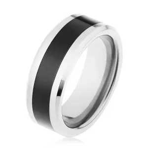 Lesklý prsten z wolframu, dvoubarevné provedení, černý pás, zkosené hrany - Velikost: 51
