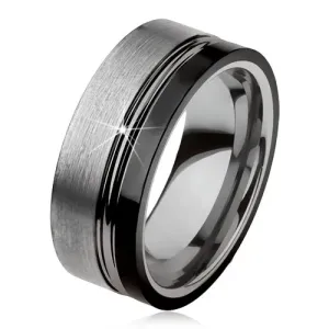 Wolframový prsten, dva zářezy, ocelově šedá a černá barva, lesklo-matný povrch - Velikost: 59
