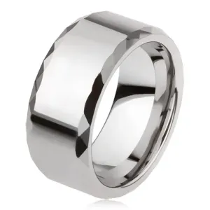 Wolframový prsten stříbrné barvy, geometricky broušené okraje, hladký povrch - Velikost: 54