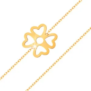 Náramek ze žlutého zlata 585 - symbol štěstí, čtyřlístek s výřezy, lesklý řetízek #5621551