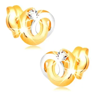 Náušnice ve 14K zlatě - dvoubarevné propojené prstence, zářivý čirý briliant
