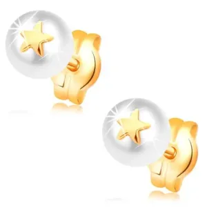 Náušnice ze žlutého 14K zlata -  bílá perla s malou lesklou hvězdičkou