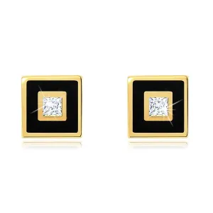 Zlaté náušnice 375 - čtvereček zdobený černou glazurou, čirý zirkonek
